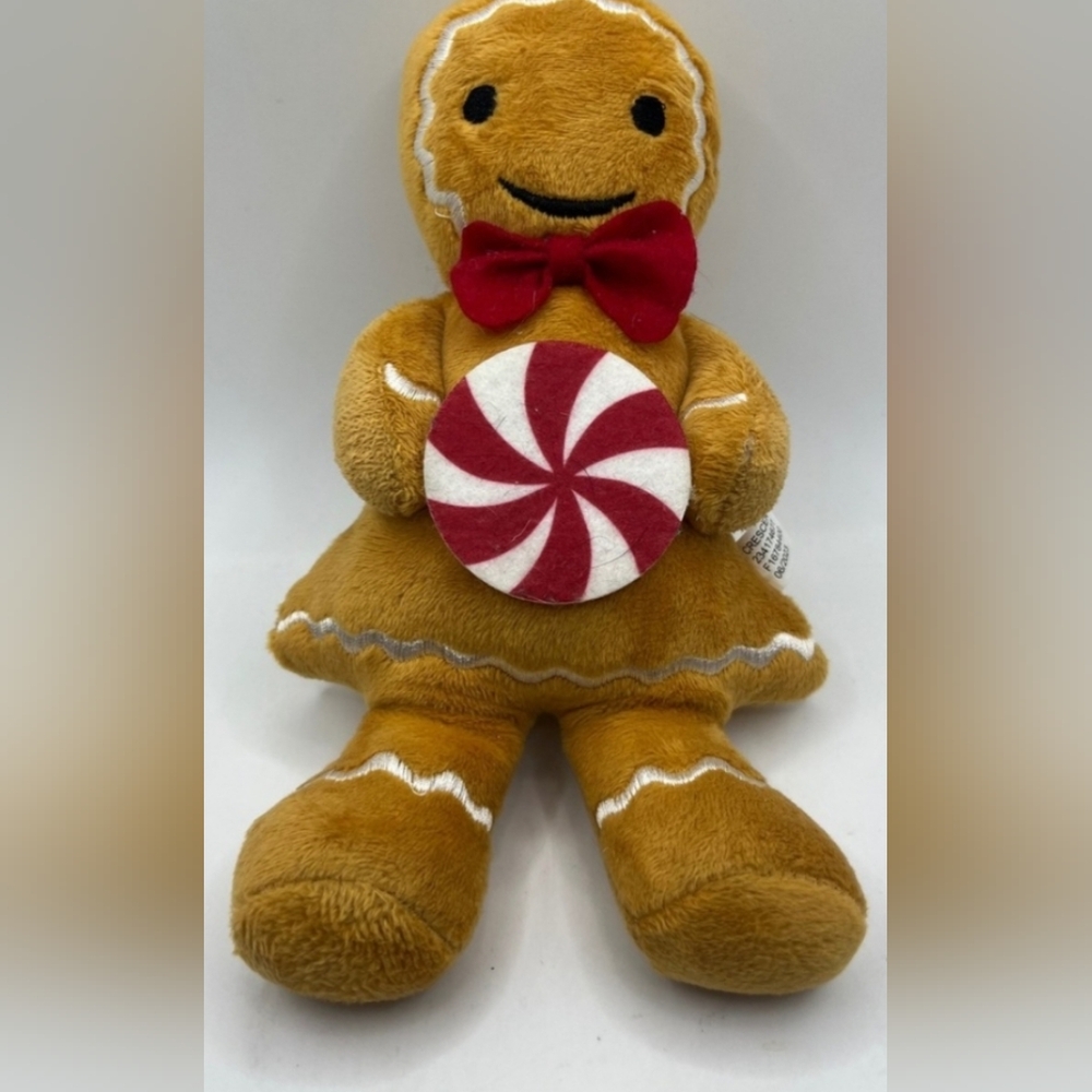 Crescent Gingerbread Plush with Red Bow and Peppermint